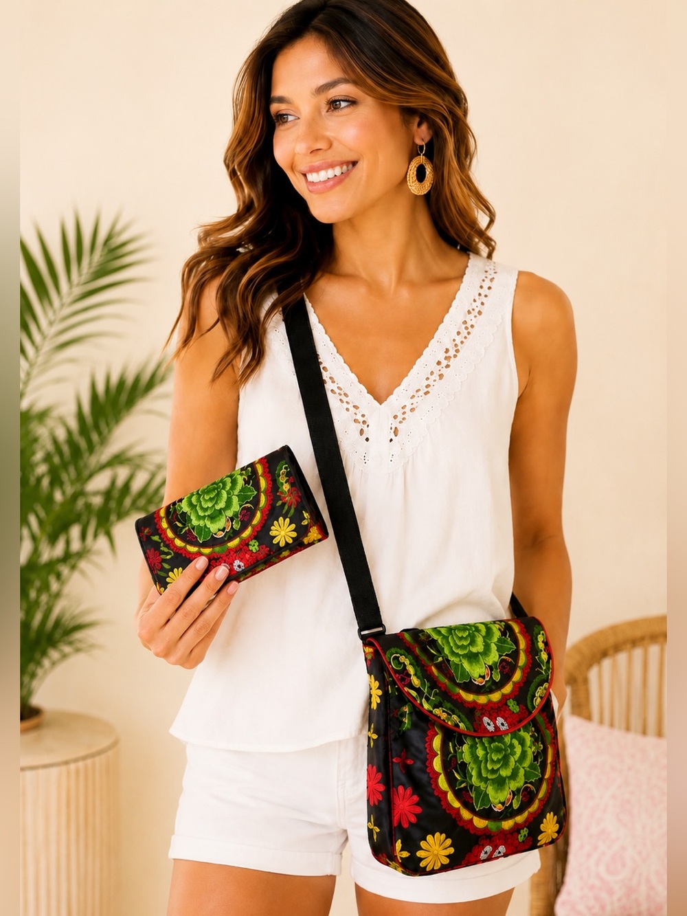 Mint Green Floral and Red Embroidery Pattern Sling Bag & Matching Wallet Set